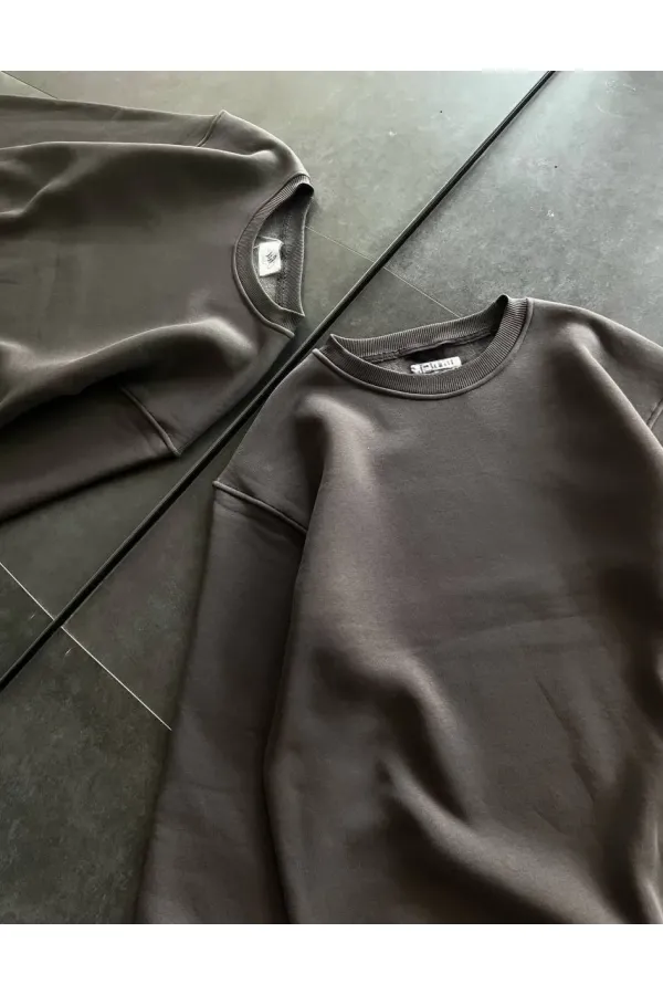 Kadın Bisiklet Yaka 3 İplik Pamuklu Basic SweatShirt - Füme
