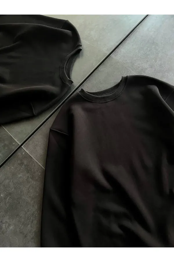 Kadın Bisiklet Yaka 3 İplik Pamuklu Basic SweatShirt - Siyah Kadın Bisiklet Yaka 3 İplik Pamuklu Basic SweatShirt - Siyah