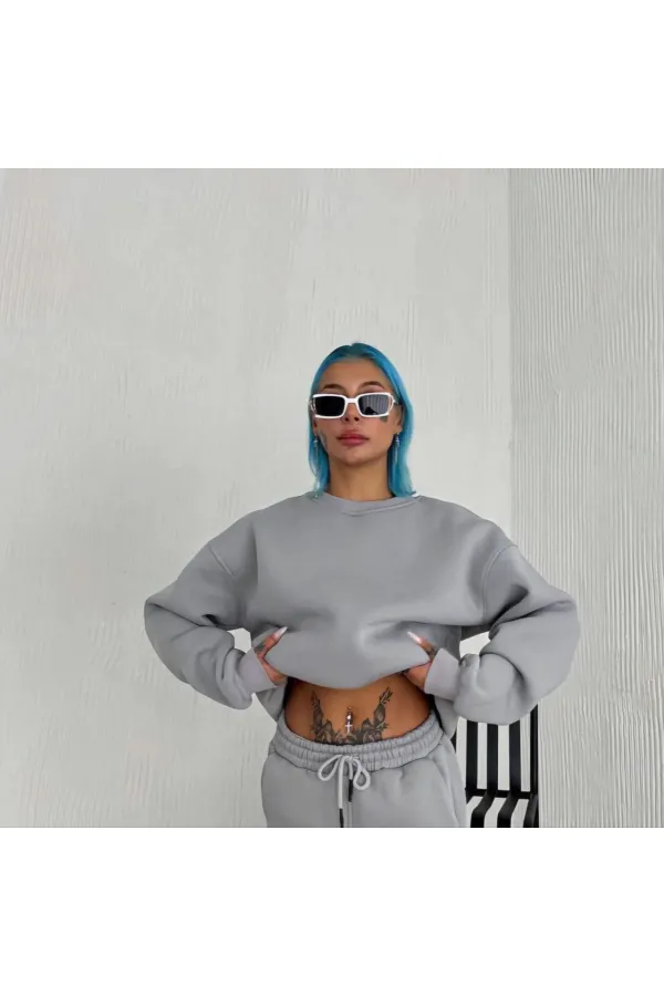 Kadın Bisiklet Yaka 3 İplik Pamuklu Basic SweatShirt - Gri