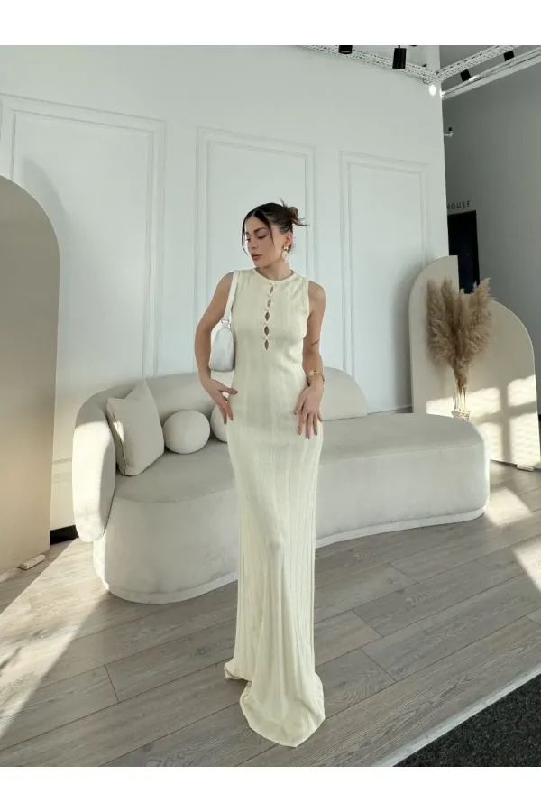 Kadın Kalın Fitilli Uzun Triko Elbise - Kırık Beyaz