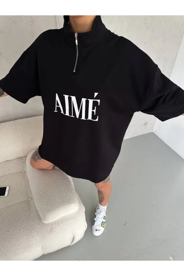 Kadın Yarım Fermuarlı Tişört Baskılı T-Shirt - Siyah Kadın Yarım Fermuarlı Tişört Baskılı T-Shirt - Siyah