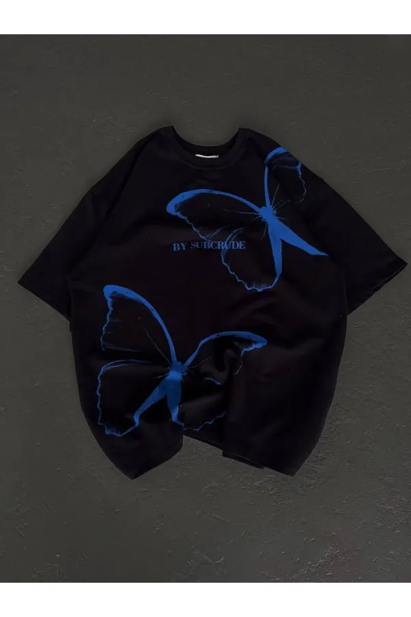 kadın Bisiklet Yaka Baskılı Oversize T-Shirt - Siyah