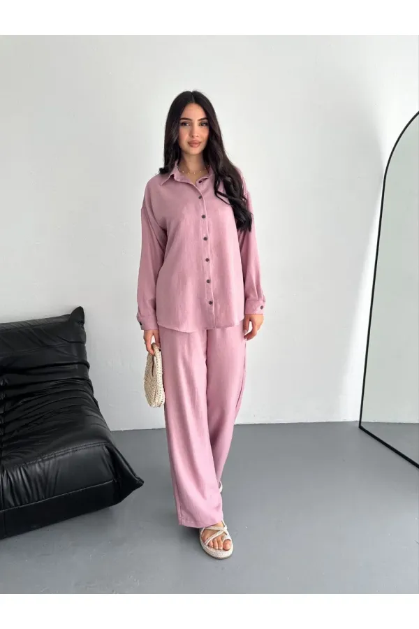 Kadın Gömlek Pantolon ikili Alt-Üst Takım - Toz Pembe Kadın Gömlek Pantolon ikili Alt-Üst Takım - Toz Pembe