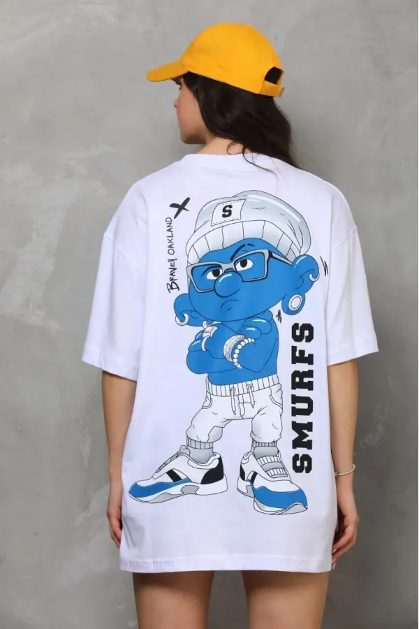 kadın Bisiklet Yaka Baskılı Oversize T-Shirt - Beyaz kadın Bisiklet Yaka Baskılı Oversize T-Shirt - Beyaz