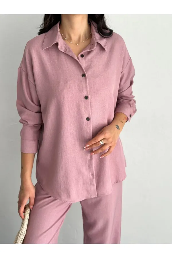 Kadın Gömlek Pantolon ikili Alt-Üst Takım - Toz Pembe Kadın Gömlek Pantolon ikili Alt-Üst Takım - Toz Pembe