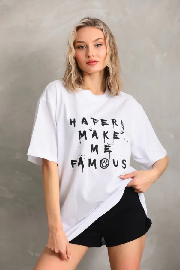 Kadın ön ve arka Baskılı Oversize Kısa kol T-Shirt - Beyaz Kadın ön ve arka Baskılı Oversize Kısa kol T-Shirt - Beyaz