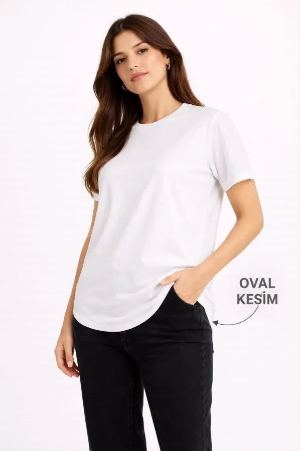 Kadın Basic T-Shirt Kısa Kol Bisiklet Yaka Oval Kesim Tişört - Beyaz Kadın Basic T-Shirt Kısa Kol Bisiklet Yaka Oval Kesim Tişört - Beyaz