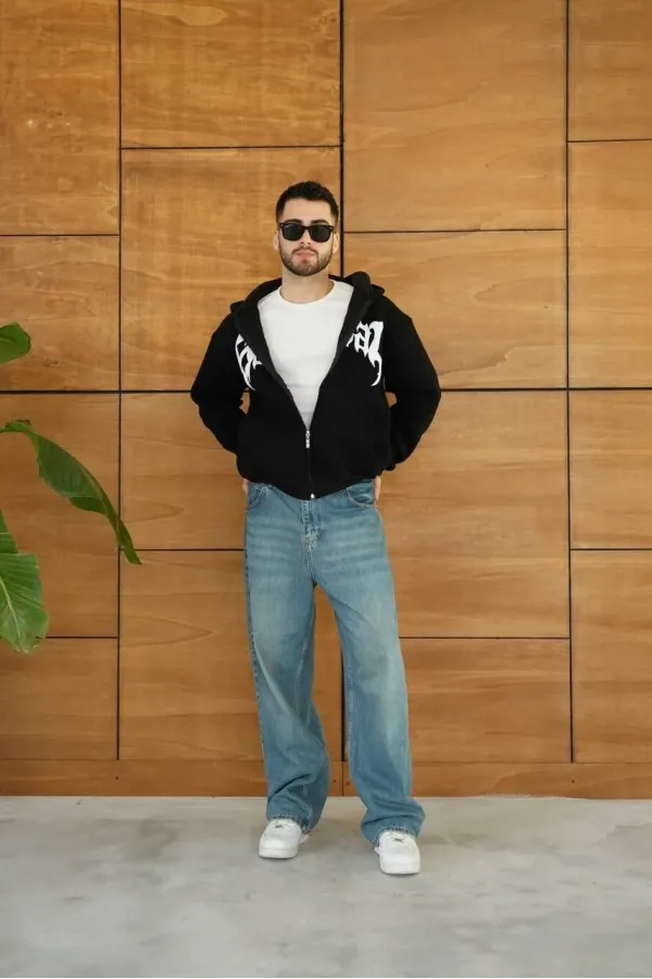 Erkek Kapüşonlu 3 İplik Şardonlu Önü Baskılı Fermuarlı Oversize Sweatshirt - Siyah Erkek Kapüşonlu 3 İplik Şardonlu Önü Baskılı Fermuarlı Oversize Sweatshirt - Siyah