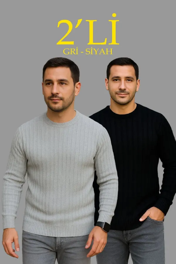 Erkek Fitilli Triko Kazak 2’li Set Siyah Gri Kalın Dokuma Pamuklu Regular Fit Bisiklet