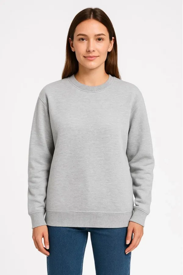 Kadın 3 İplik Pamuklu Düz Bisiklet Yaka SweatShirt - Gri Kadın 3 İplik Pamuklu Düz Bisiklet Yaka SweatShirt - Gri