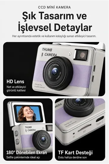 Retro Mini Dijital Kamera 1080p 1.47 İnç Flip Ekranlı Flaşlı Selfie Vlog Kamerası 4gb Sd Hediyeli Mavi