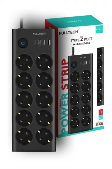 Fulltech Ftr14 Type-c Girişli Akım Korumalı 10’lu Priz, 3 Usb