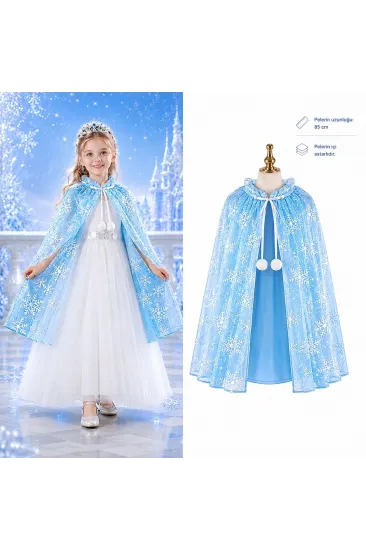 Kar Tanesi Desenli Mavi Elsa Pelerini - Astarlı Frozen Pelerini 85 Cm Kar Tanesi Desenli Mavi Elsa Pelerini - Astarlı Frozen Pelerini 85 Cm