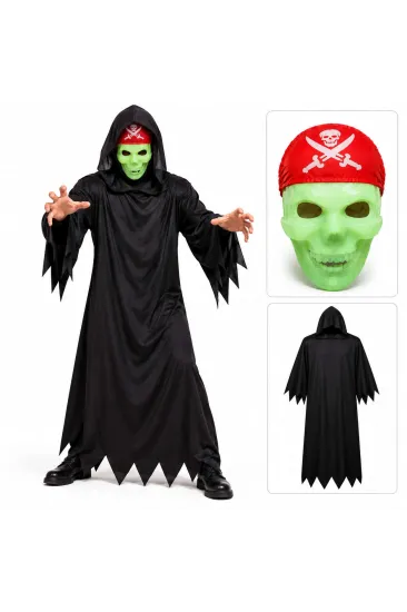 Fosforlu Kafatası Maskeli Siyah Hayalet Kostümü – 140 Cm