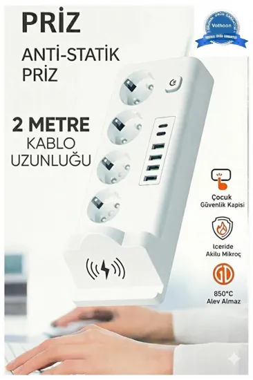Akım Korumalı Kablosuz Şarjlı Masaüstü Priz | 4 Priz, 4 Usb, 2 Type-c Akım Korumalı Kablosuz Şarjlı Masaüstü Priz | 4 Priz, 4 Usb, 2 Type-c