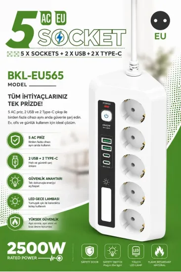 5’li Akım Korumalı Priz 2500w | 2 Usb + 2 Type-c Hızlı Şarj | Led Gece Lambalı | Dokunmatik Beyaz