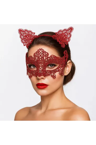 Romantik Kırmızı Dantel Maske Seti – Kedi Kulaklı Taç Ve Maske 3 No Romantik Kırmızı Dantel Maske Seti – Kedi Kulaklı Taç Ve Maske 3 No