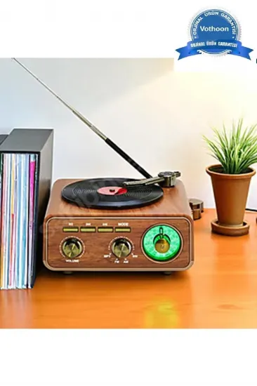 Nostaljik Tasarım Plak Çalar Görünümlü Radyolu Bluetooth Hoparlör Retro Müzik Plak Açık Kahverengi