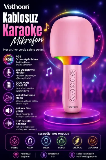 Çocuk Ve Yetişkin Karaoke Mikrofonu Kablosuz Rgb Ambiyans Işığı Ses Değiştirme Modlu Hoparlör