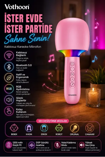 Çocuk Ve Yetişkin Karaoke Mikrofonu Kablosuz Rgb Ambiyans Işığı Ses Değiştirme Modlu Hoparlör