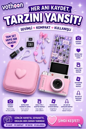 4k Çantalı Dijital Retro Video Kamera 48mp 16x Zoom Işıklı (32gb) Kart Dijital Fotoğraf Makinesi Pembe