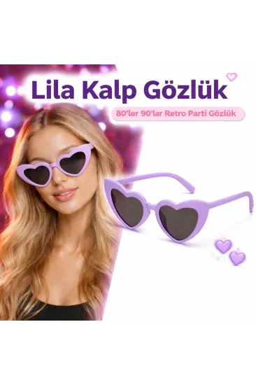 Mor Lila Retro Kalp Gözlük – 80’ler 90’lar Stil Parti Gözlüğü