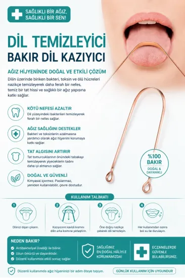 Bakır Dil Temizleme Aparatı – Dil Temizleyici – Ağız Bakım Aparatı – Dil Kazıyıcı – Metal Dil Temizleme Ekipmanı