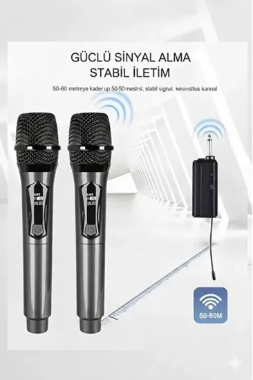 Profesyonel Çiftli Kablosuz Mikrofon Seti Karaoke Şarj Edilebilir 50 Metre
