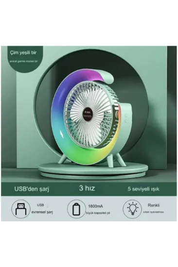Masaüstü Vantilatör Usb Şarjlı Rgb Led Işıklı 3 Kademeli 180° Ayarlanabilir Soğutucu Fan Yeşil