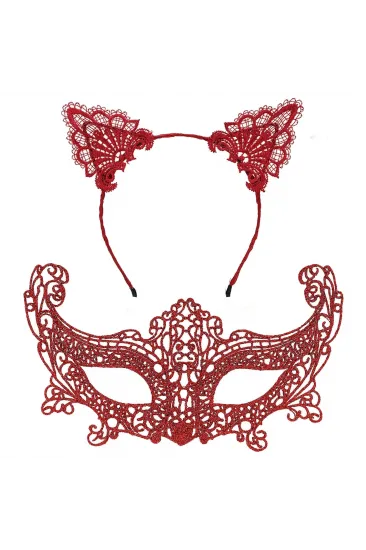 Romantik Kırmızı Dantel Maske Seti – Kedi Kulaklı Taç Ve Maske 3 No Romantik Kırmızı Dantel Maske Seti – Kedi Kulaklı Taç Ve Maske 3 No