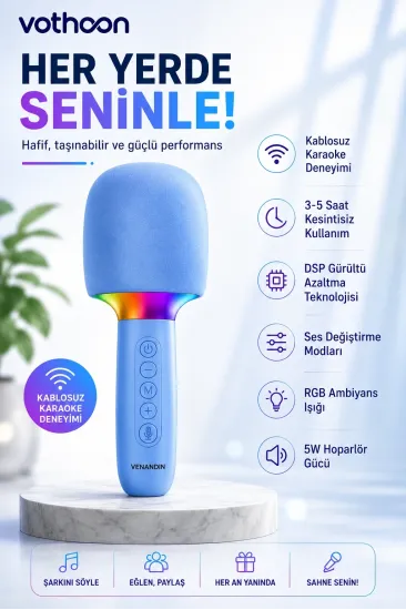 Çocuk Ve Yetişkin Karaoke Mikrofonu Kablosuz Rgb Ambiyans Işığı Ses Değiştirme Modlu Hoparlör