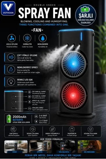 Vothoon Çift Başlıklı Sprey Fan Nemlendirici Ve Renkli Led Işıklı Siyah Vothoon Çift Başlıklı Sprey Fan Nemlendirici Ve Renkli Led Işıklı Siyah