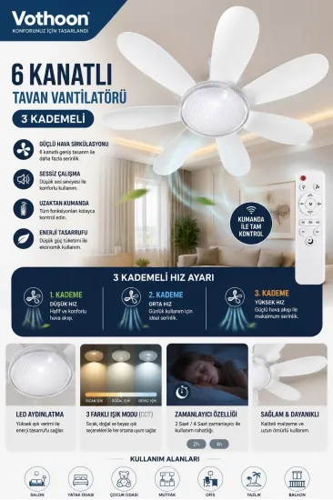 6 Kanatlı 3 Kademeli Led Aydınlatmalı Uzaktan Kumandalı Tavan Vantilatörü 6 Kanatlı 3 Kademeli Led Aydınlatmalı Uzaktan Kumandalı Tavan Vantilatörü