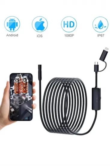 Endoskop Yılan Video Kamera Ios Ve Android Uyumlu Led’li 10 Metre 8 Mm Sert Kablo 2mp