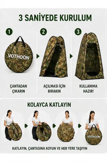 Otomatik Kabin Giyinme Çadırı 120x120x190 Cm Üst Havalandırma Yan Pencereli Duş & Wc Çadırı