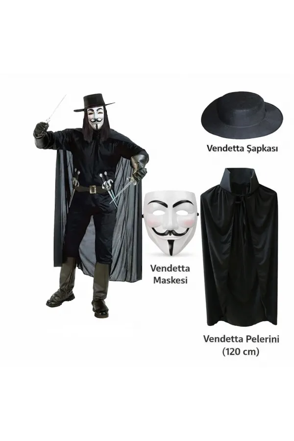 Vendetta Kostüm Seti – Şapka Maske Pelerin (120 Cm) Vendetta Kostüm Seti – Şapka Maske Pelerin (120 Cm)