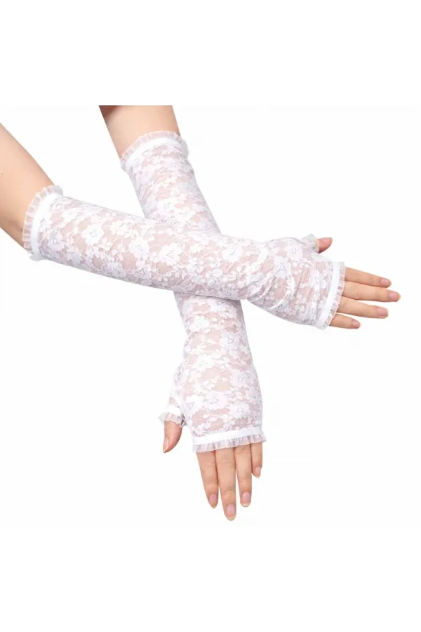 Uzun Zarif Dantel Eldiven Parmaksız Beyaz 35 Cm