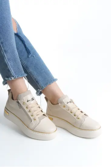 DINA Bağcıklı Fermuarlı Ortopedik Taban Kadın Sneaker Spor Ayakkabı CKT - Krem/Altın DINA Bağcıklı Fermuarlı Ortopedik Taban Kadın Sneaker Spor Ayakkabı CKT - Krem/Altın