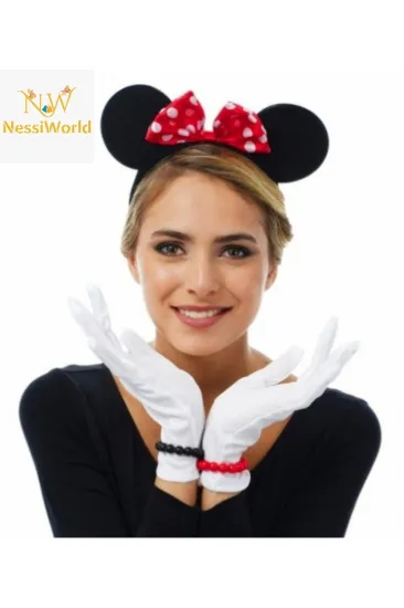 Kırmızı Fiyonklu Minnie Mouse Tacı ve Beyaz Eldiven Seti