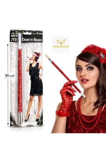 30 cm Kırmızı Payetli Sigara Tutacağı – 1920’ler Gatsby Parti Aksesuarı