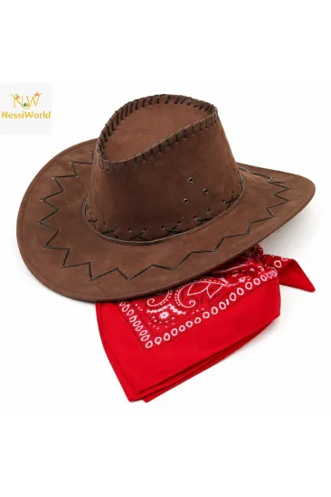 Çocuk Kovboy Şapka Kahverengi & Kırmızı Bandana Seti Çocuk Kovboy Şapka Kahverengi & Kırmızı Bandana Seti