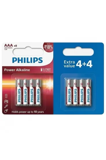 Philips Power Alkaline Lr03p8bp/10 1.5v Aaa İnce Kalem Pil (4+4) 8'li Paket Philips Power Alkaline Lr03p8bp/10 1.5v Aaa İnce Kalem Pil (4+4) 8'li Paket
