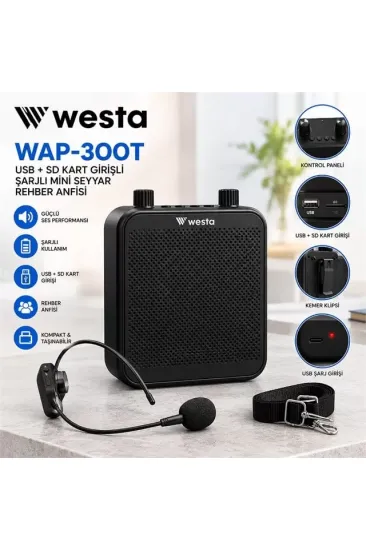 Westa Wap-300t Usb + Sd Kart Girişli Şarjlı Mini Seyyar Kablosuz Mikrofonlu Rehber Anfisi